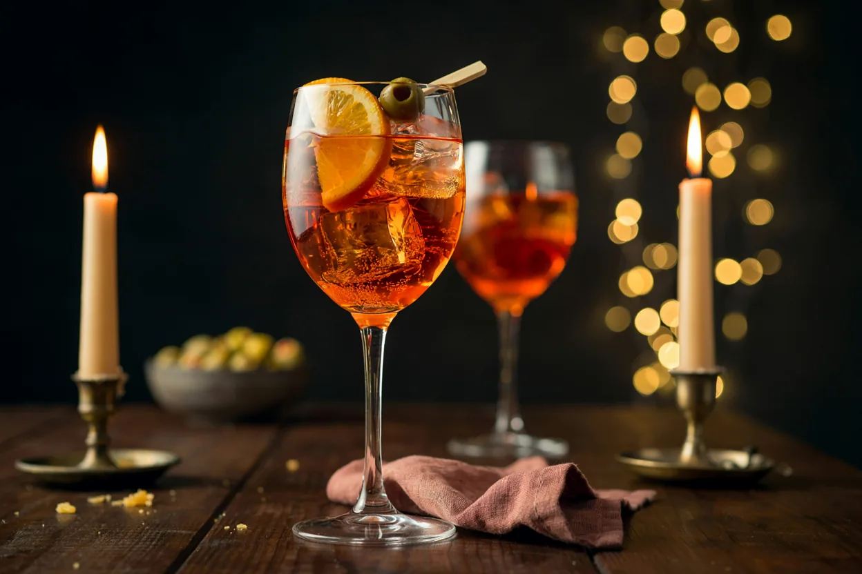 Aperol spritz u širokoj čaši sa kockama leda i krišklom narandže