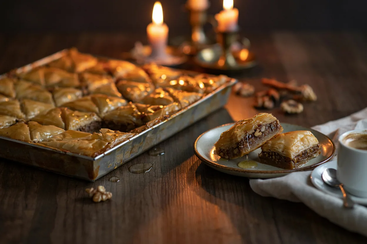 Komadi baklave preliveni medom u plitkom plehu