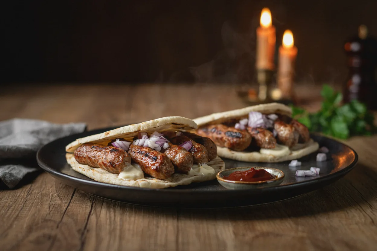 Ćevapi u lepinjama sa kajmakom i svežim lukom na papiru, topli i sočni