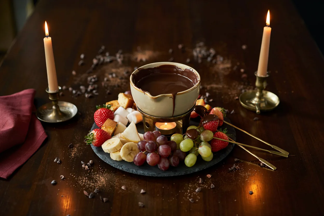 Tamna čokoladna fondue u keramičkoj činiji sa jagodama i komadima banane