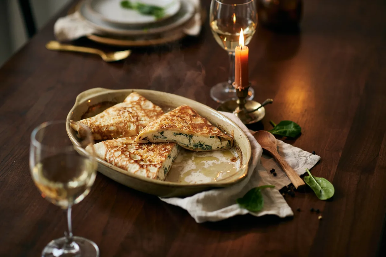 Crepes punjene špinatom i ricottom zapečene u tepsiji sa zlatnom korom