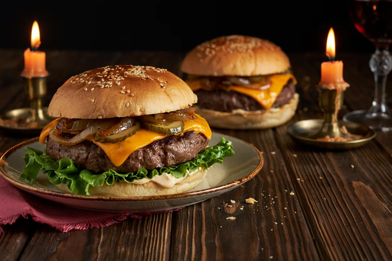 Domaći burger sa mlevenom govedinom, karamelizovanim lukom i svežim povrćem