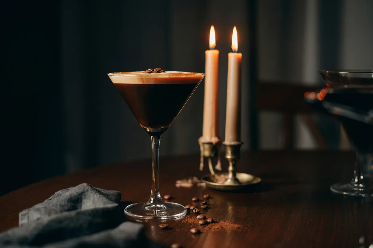 Espresso martini u klasičnoj martini čaši sa pjenom i tri zrna kafe
