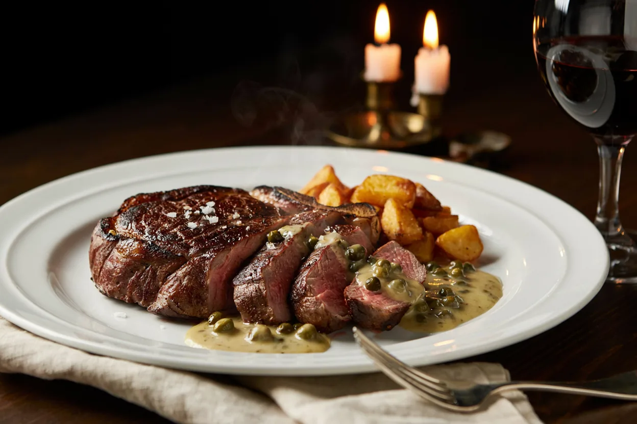 Goveđi steak presekan na pola sa pepper sosom u tanjiru, medium rare