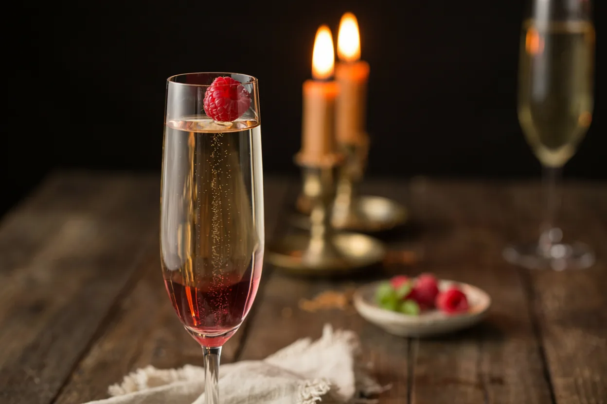 Kir royale u flute čaši sa rubin crvenom bojom i mehurićima