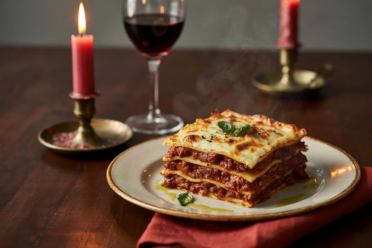 Lazanja u tepsiji sa zlatnom korom parmezana, narezana i servirana