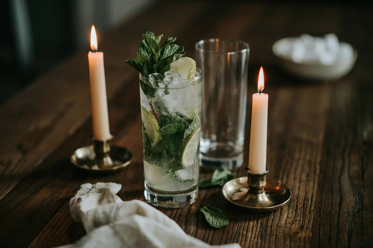 Mojito u visokoj čaši sa puno leda, limete i svežih grančica mente
