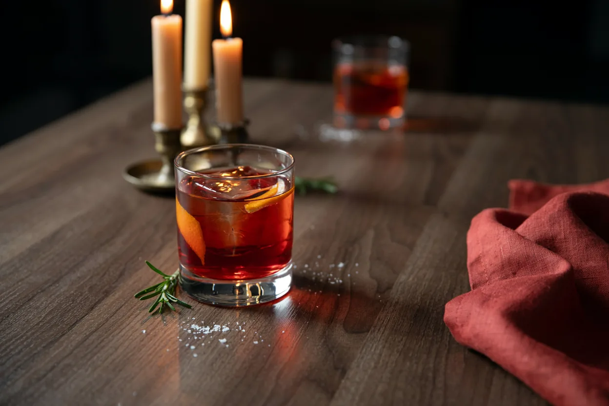 Negroni u kratkoj čaši sa velikom kockom leda i krišklom narandže