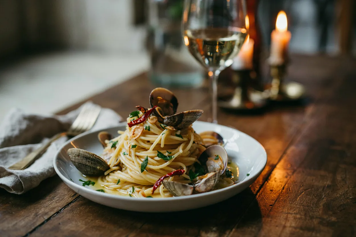 Spaghetti alle vongole u dubokom tanjiru sa dagnjama i peršunom