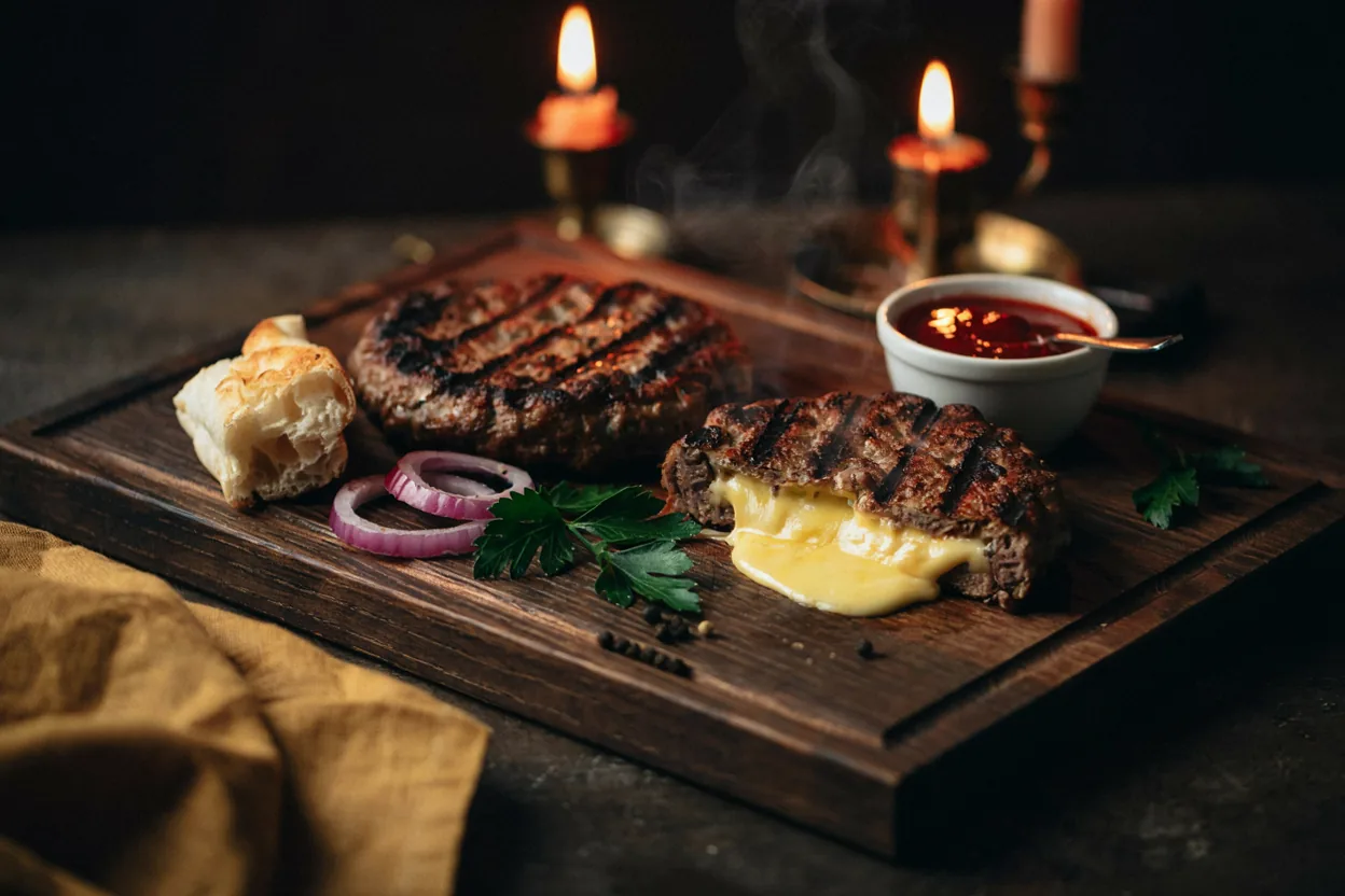 Pljeskavica punjena rastopljenim kačkavaljem na drvenoj dasci, uz ajvar i lepinje