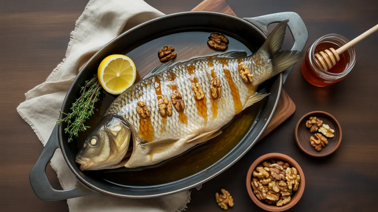 Ceo šaran pečen u medu i orasima u liter cast-iron posudi — vojvođanska svečana tradicija