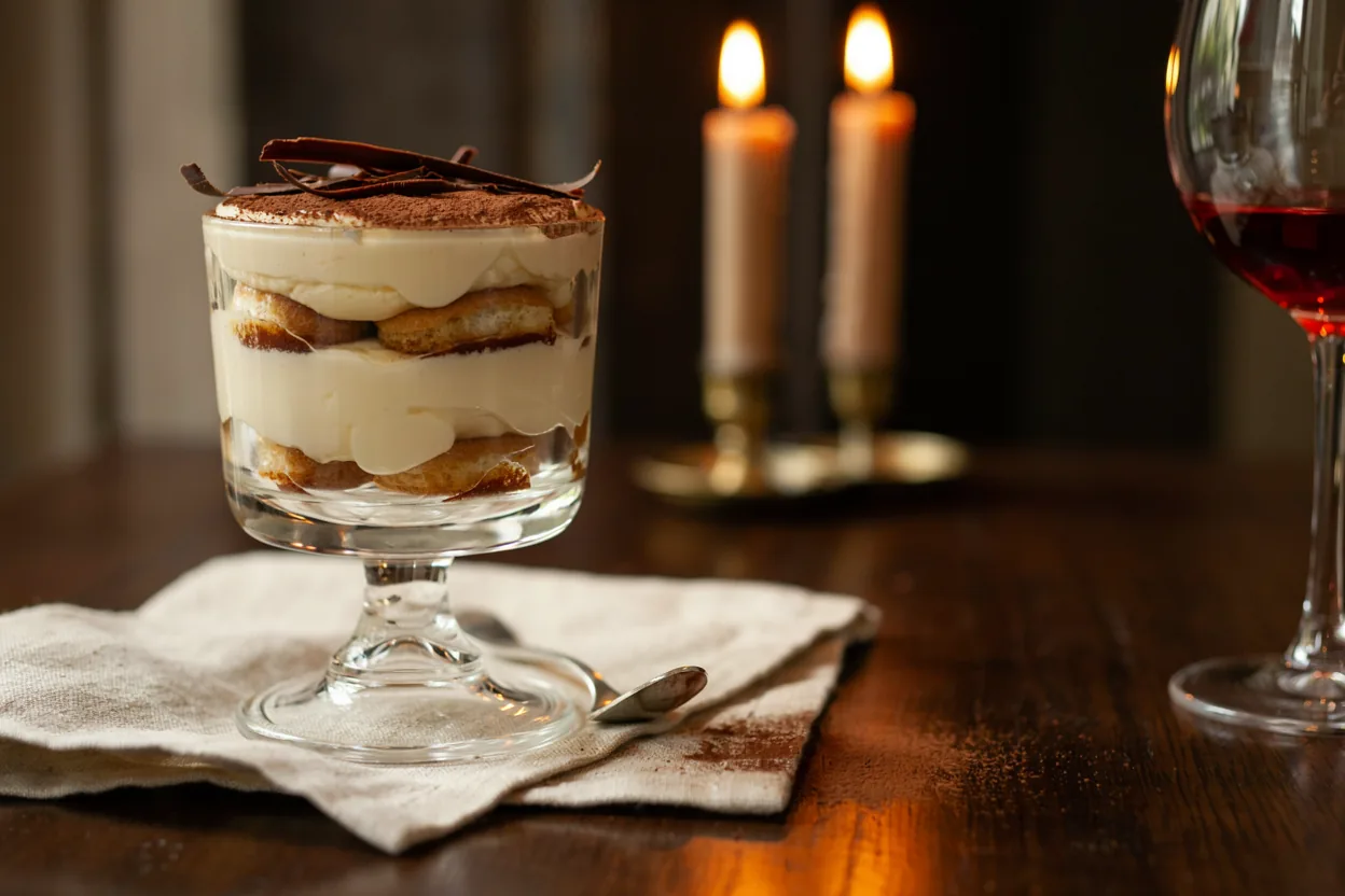 Tiramisu u prozirnoj činiji posut kakaom u prahu